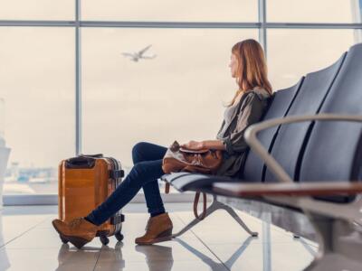 Una donna attende il volo in aeroporto