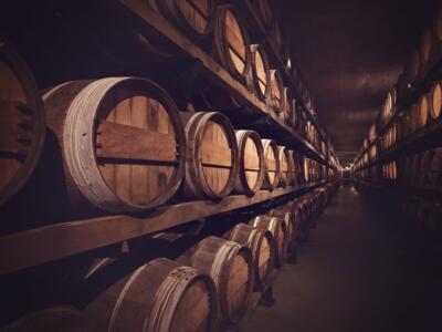 Una cantina con una fila di botti