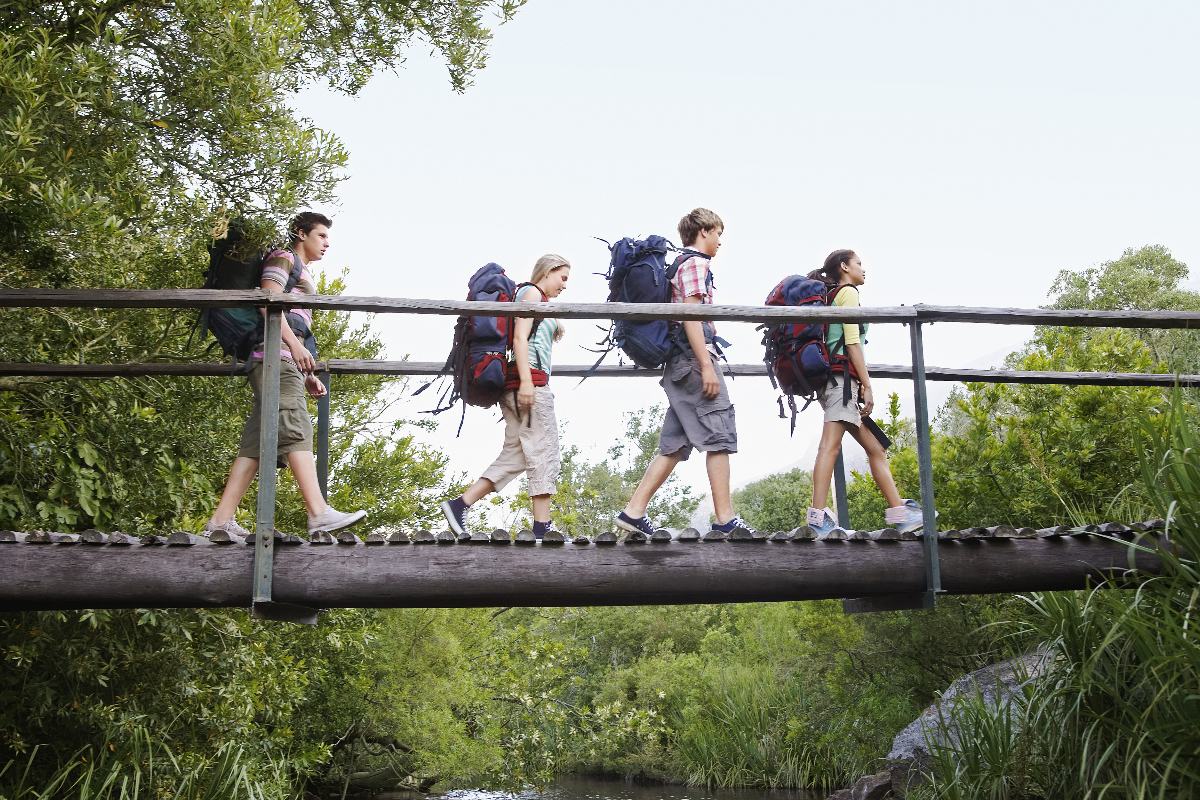 Un gruppo di ragazzi cammina su un ponte in un bosco